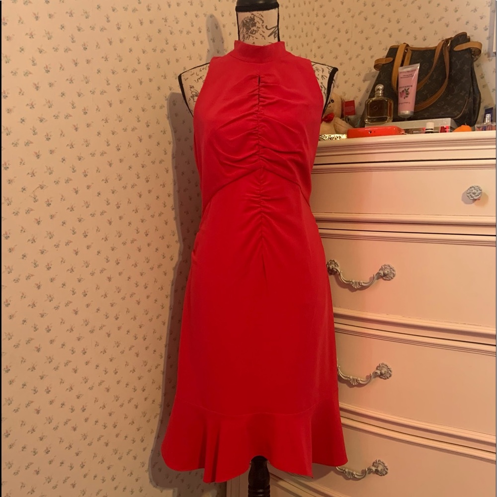 Halston Heritage Ruched Ruffle Fuchsia Dress - Picture 6 of 15